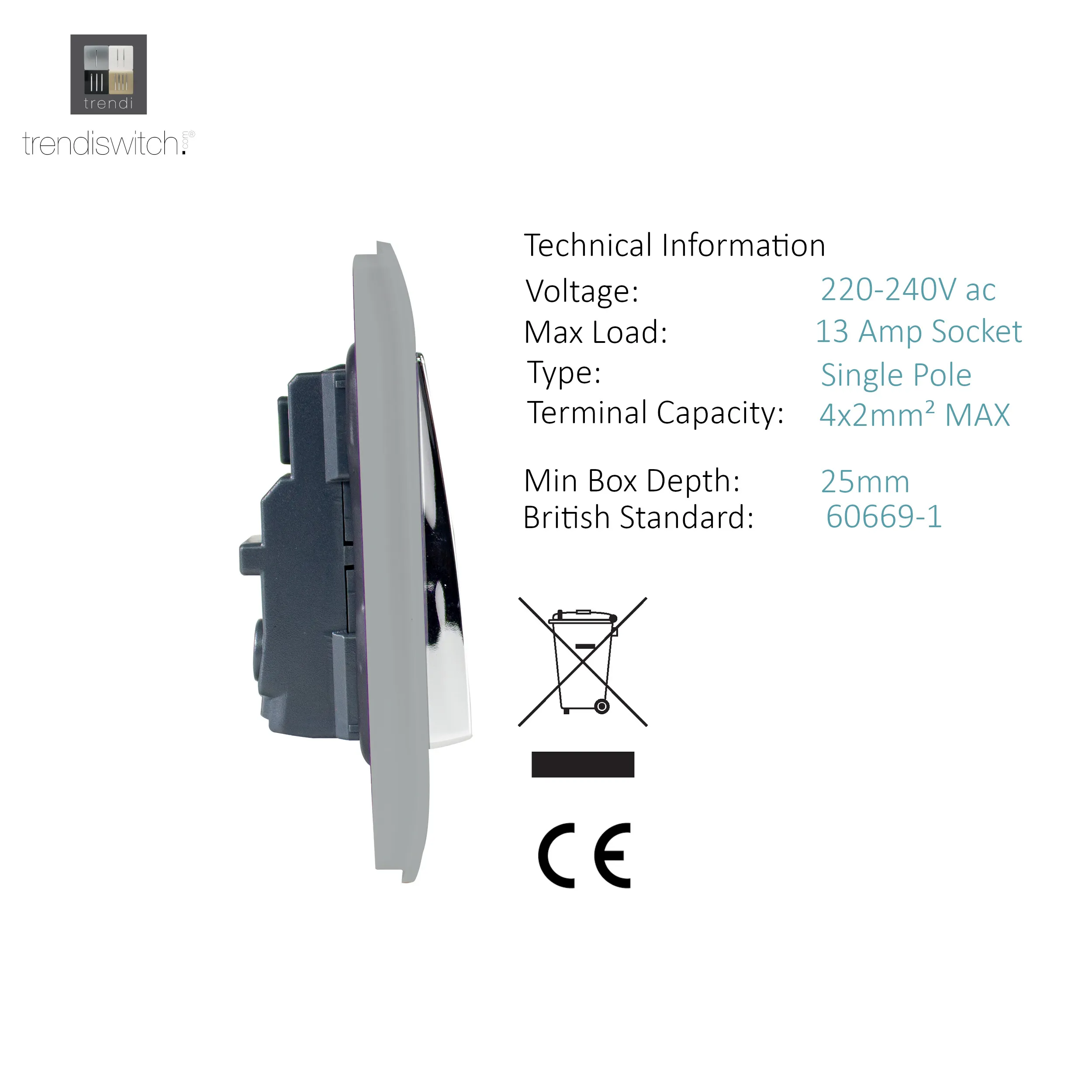 2 Gang 13Amp Long Switched Double Socket Silver ART-SKT213LSI  Trendi Platinum Silver